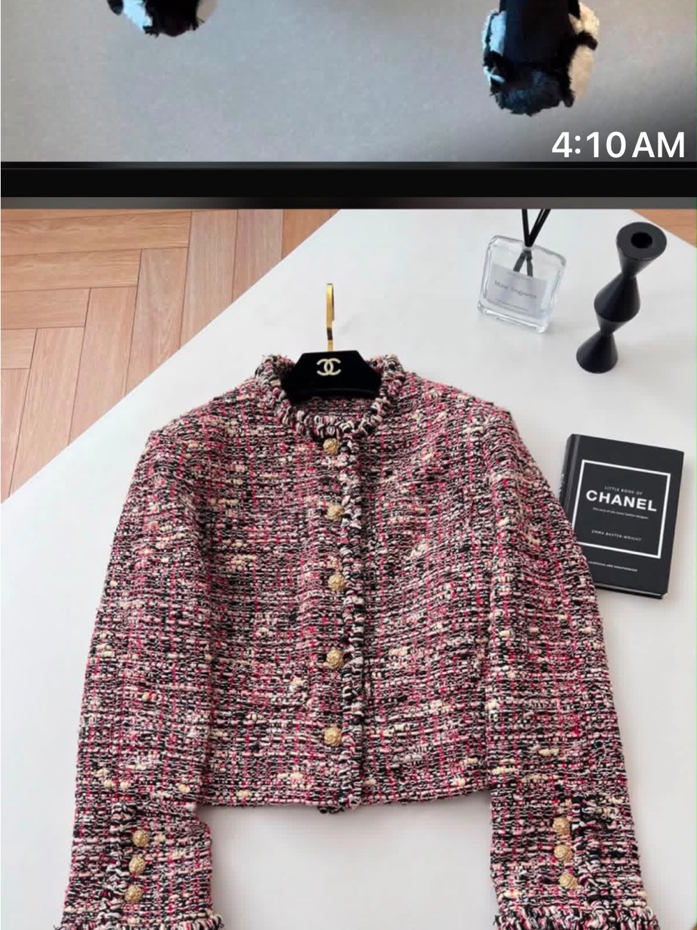CHANEL Pink Multicolor Tweed Collarless Jacket with Gold Buttons